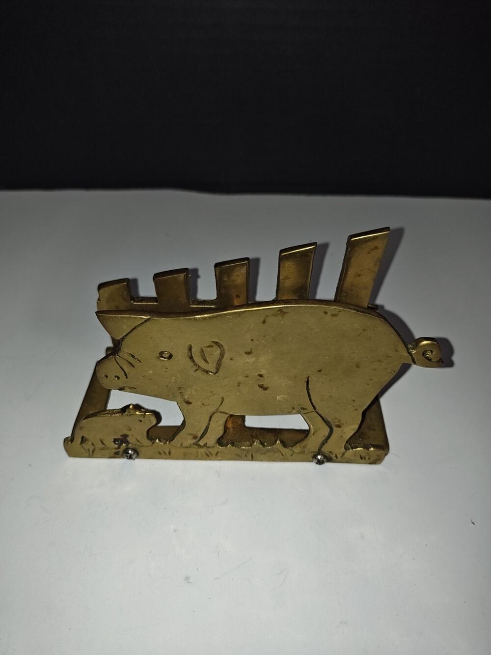 Vintage Brass Farm Pig Family & Fence Napkin Letter Holder Homestead Old Kitchen